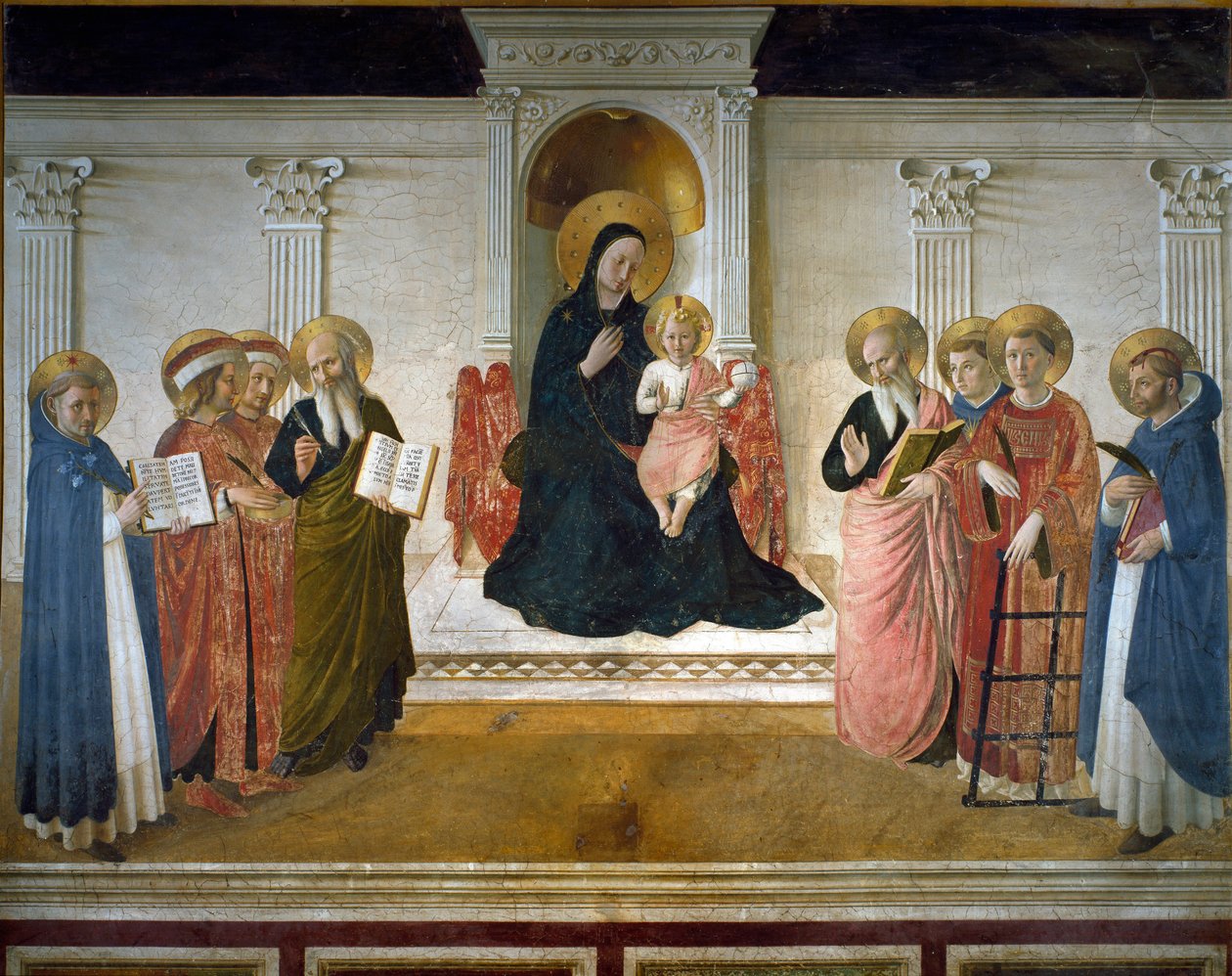 Jomfru av skygger eller "" hellig samtale" eller "" jomfru og barn med åtte hellige: Dominic, St Cosimo (Kom eller Cosimo) og St Damien, St Mark, St John the Evangelist, St Thomas Aquinas, St Laurent og St Peter" Aureolen til Jesus Kristus er merket med av Fra  Angelico
