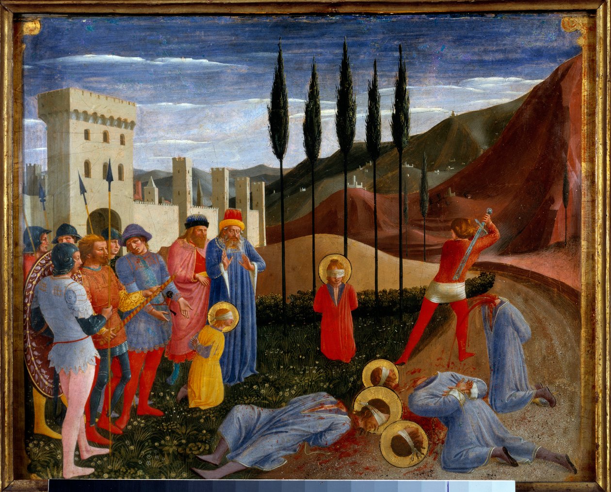 martyrdøden til Saints Cosimo (Kom eller Cosimo) og Damien Saint Cosme og Saint Damien, tvillingbrødre født i det 3. århundre, leger i medisin, ble torturert og deretter halshugger. Detrempe på tre av Guido di Pietro (eller Fra Giovanni da Fiesole) dit Fra av Fra  Angelico