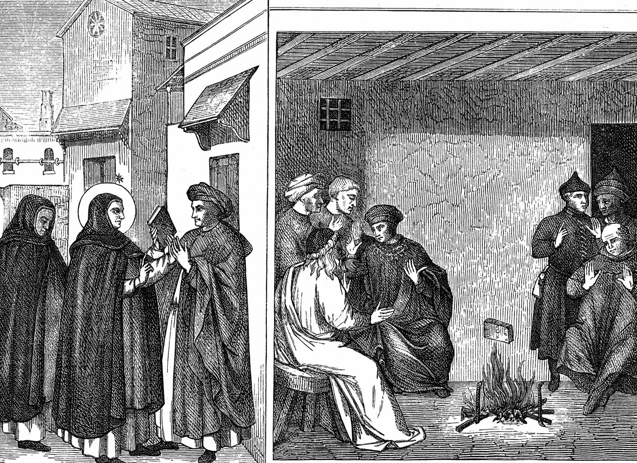 Alibgensisk kjetteri. St Dominic gir en bok som bekjenner den 'sanne' kristne troen til en albigensisk utsending. Kastet i ild blir ikke boken fortært av flammer, mens boken til kjettere albigenserne er det. Gravering etter predella av Coronation o av Fra (c.1400 55) Angelico