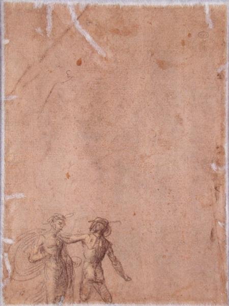 To figurer (verso) (svart og gult kritt forhøyet med hvitt på papir) (for recto se 152658) av Fra 1472 1517 Bartolommeo