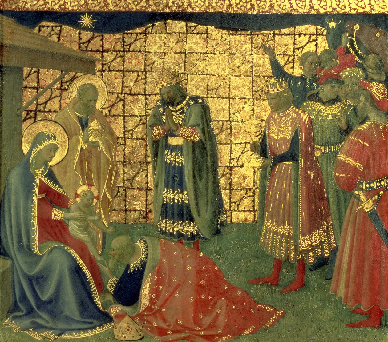 Adoration of the Magi, detalj fra et predella-panel, 1434 tempera på paneldetalj av 98904 av Fra Angelico