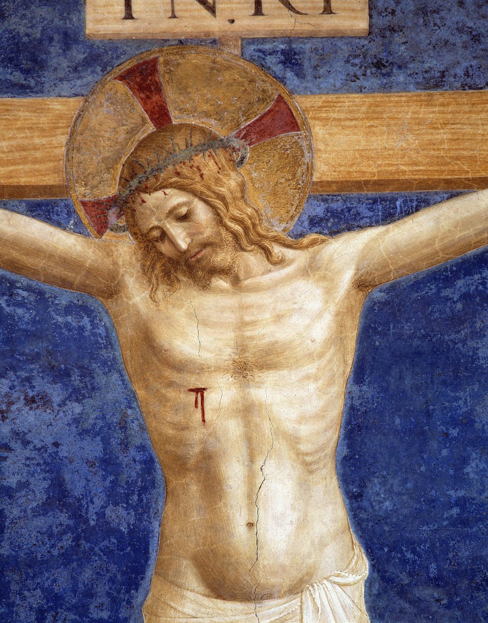 Kristus korsfestet. Inskripsjon "INRI" på korset, detalj av Fra Angelico