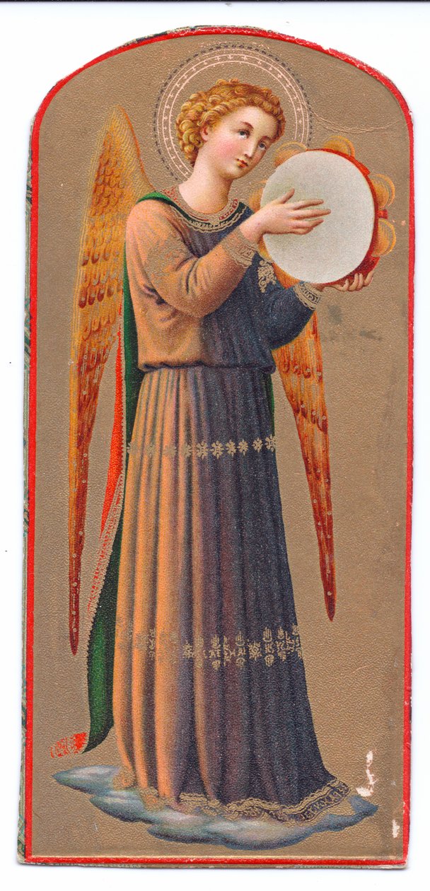 Fargelitotrykk fra angelico engel som spiller tamburin, ca. 1910 av Fra Angelico