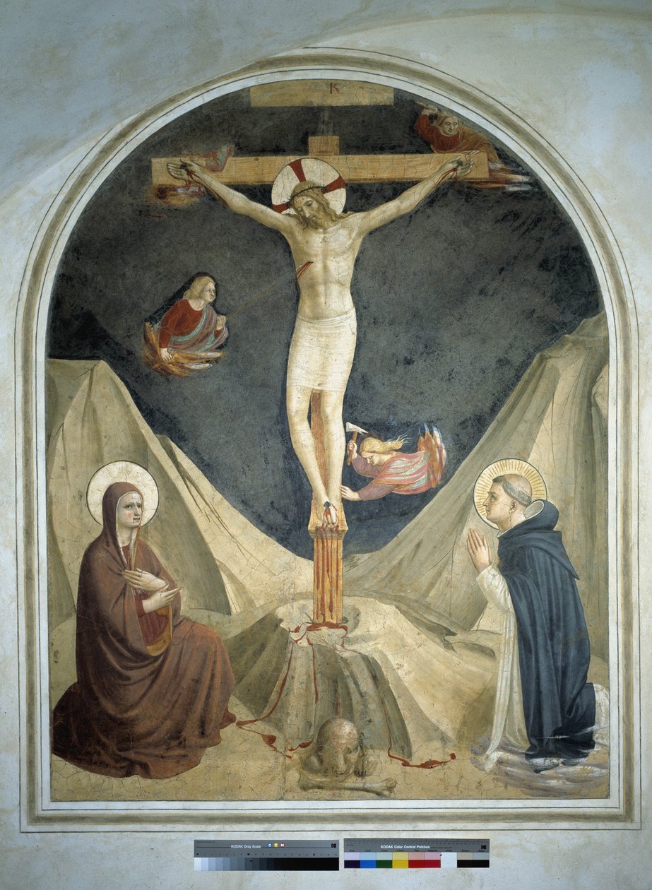 Korsfestelse med jomfruen og Saint Dominic. Fresco av Guido di Pietro av Fra Angelico