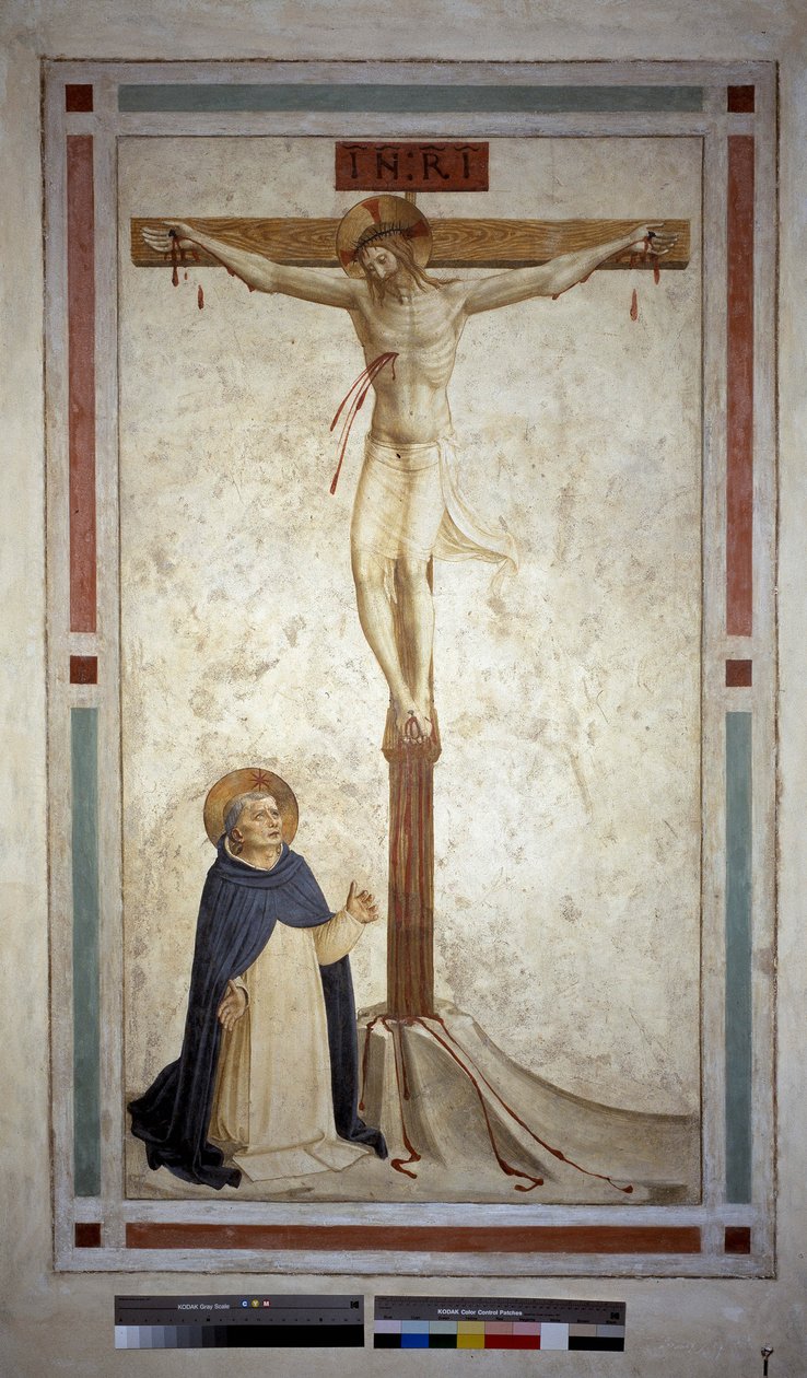 Korsfestelse med Saint Dominic. Inskripsjon ""INRI"" på korset. Fresco av Guido di Pietro av Fra Angelico
