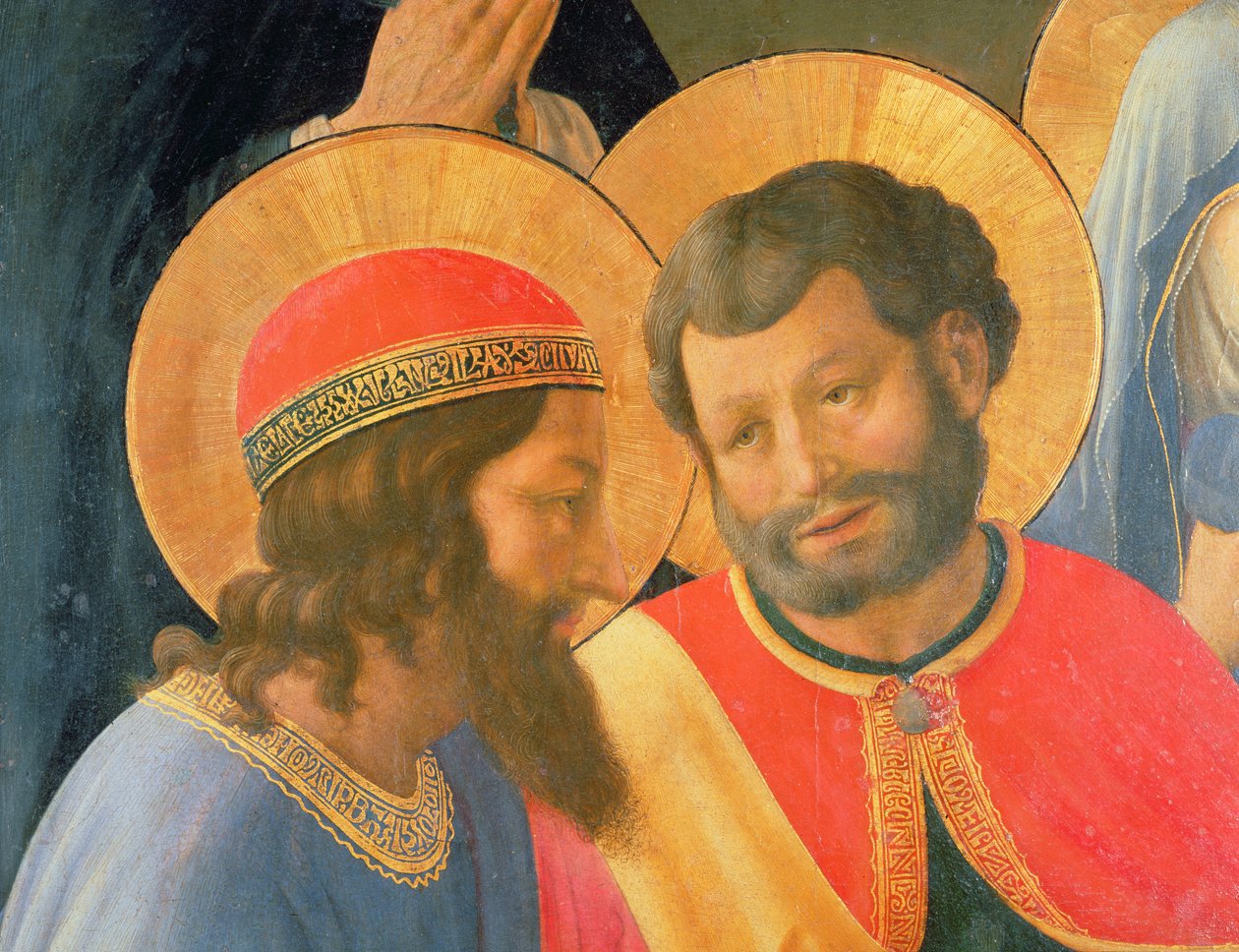 Avsetning fra korset, detalj av to helgener, 1436 tempera og gull på panel av Fra Angelico