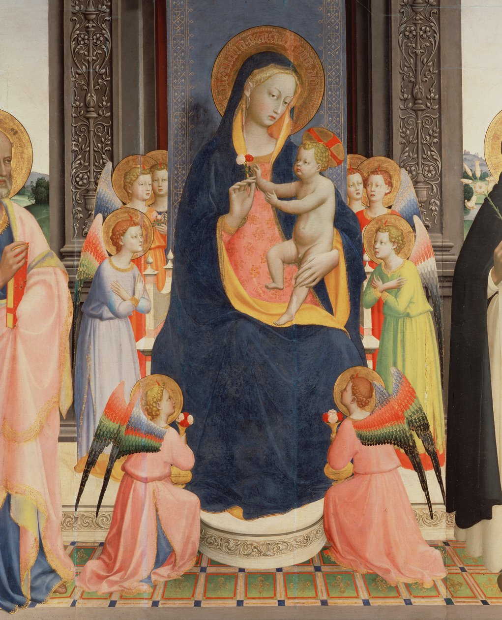 Detalj fra Politico Di San Domenico som viser jomfruen og barnet tronet med åtte engler, ca. 1422 (tempera på panel) (se også 43912, 238446) av Fra Angelico