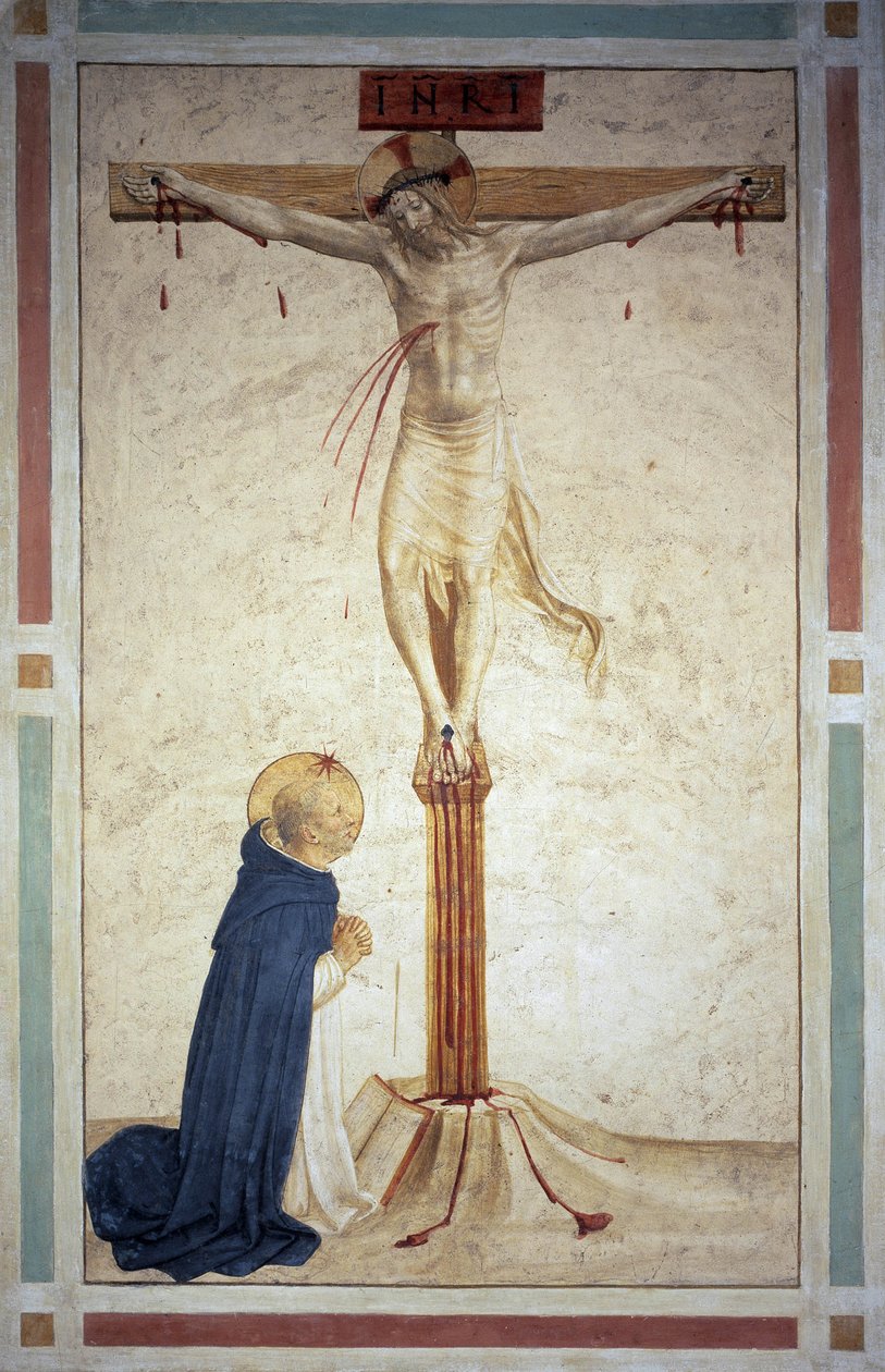 Korsfestelsen med Saint Dominic. Inskripsjon ""INRI"" på korset. Fresco av Guido di Pietro av Fra Angelico