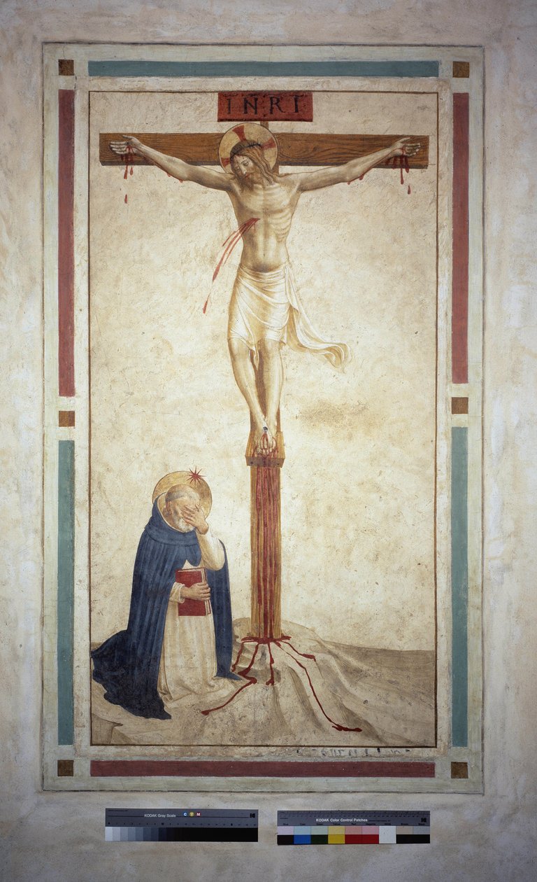Korsfestelsen med Saint Dominic. Inskripsjon ""INRI"" på korset. Fresco av Guido di Pietro av Fra Angelico