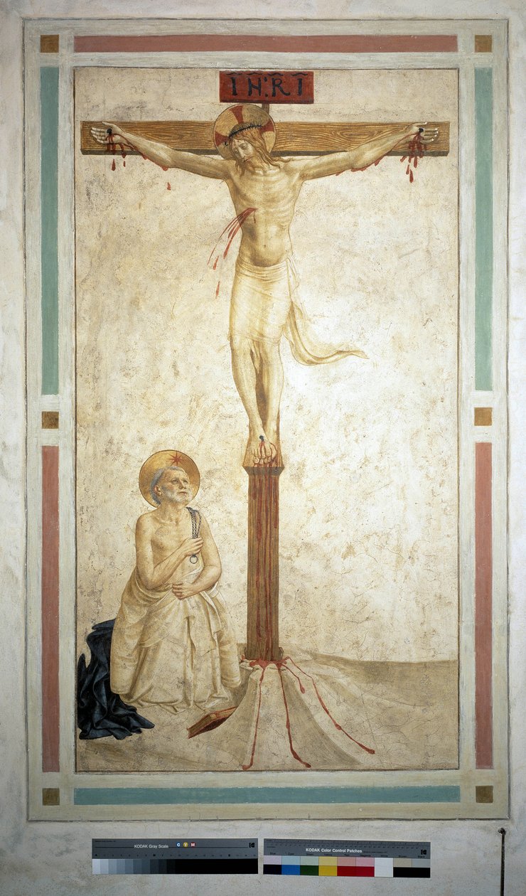 Korsfestelsen med Saint Dominic. Inskripsjon ""INRI"" på korset. Fresco av Guido di Pietro av Fra Angelico