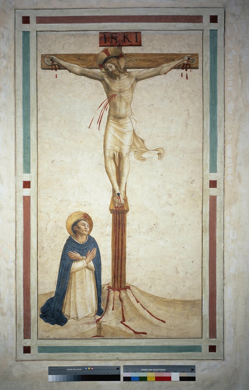 Korsfestelsen med Saint Dominic. Inskripsjon ""INRI"" på korset. Fresco av Guido di Pietro av Fra Angelico