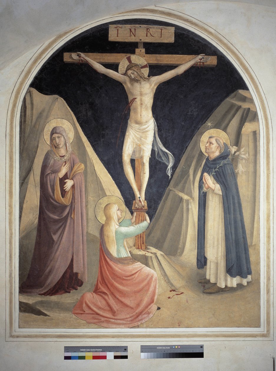 Korsfestelsen med den hellige Dominikus, Jomfru Maria og den hellige Maria Magdalena. Inskripsjon ""INRI"" på korset. Fresco av Guido di Pietro av Fra Angelico