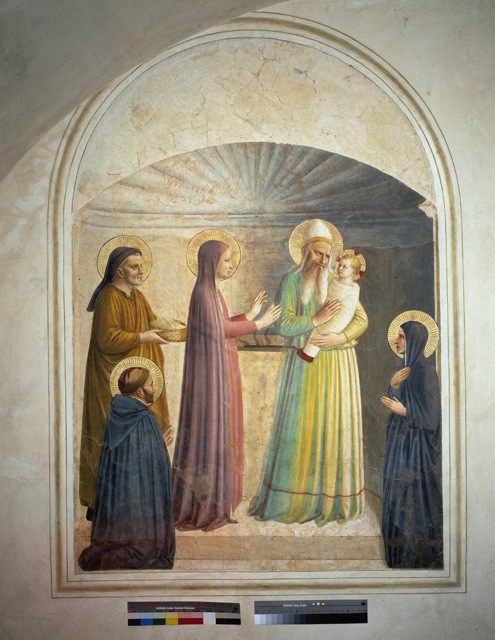 Presentasjonen av Kristus i tempelet. Sankt Peter, martyren, og den dominikanske nonnen Villana, observerer den bibelske scenen. Fresco av Guido di Pietro av Fra Angelico