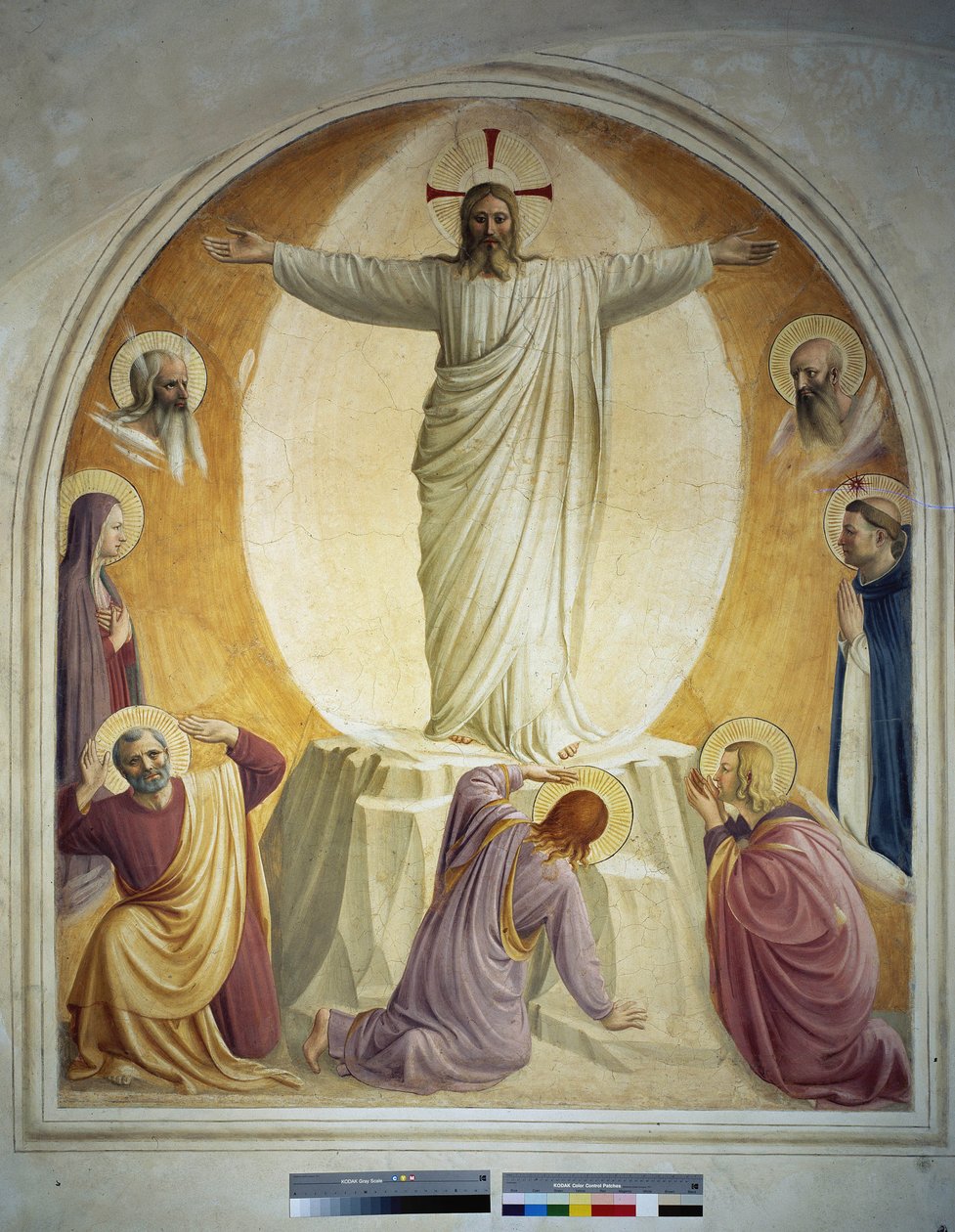 Kristi forvandling. Ansiktene til Moses og Elia er representert i bakgrunnen. Nedenfor ser vi Jomfruen og Saint Dominic. Så på bakken, 3 av apostlene. Fresco av Guido di Pietro av Fra Angelico