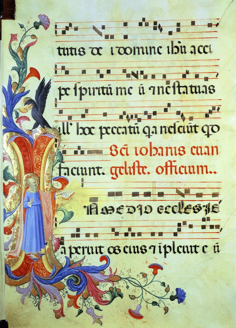 Ms 558 f.13v Historikert initial 'jeg' som viser St. Johannes evangelisten, med side med musikalsk notasjon fra et missal, tidlig på 1430-tallet av Fra Angelico