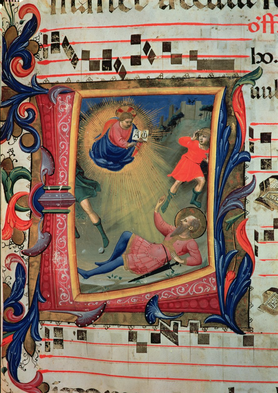 Ms 558 f.21v Historikert initial som skildrer St. Pauls konvertering, detalj fra et missal, tidlig på 1430-tallet av Fra Angelico