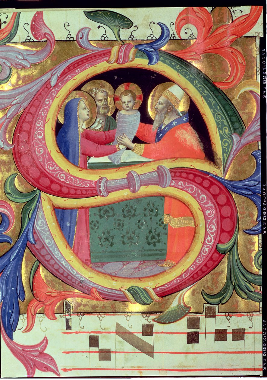 Ms 558 f.26v The Presentation in the Temple, avbildet i en historisk initial S, detalj fra et Missal, tidlig 1430-talls vellumdetalj av 78832 av Fra Angelico