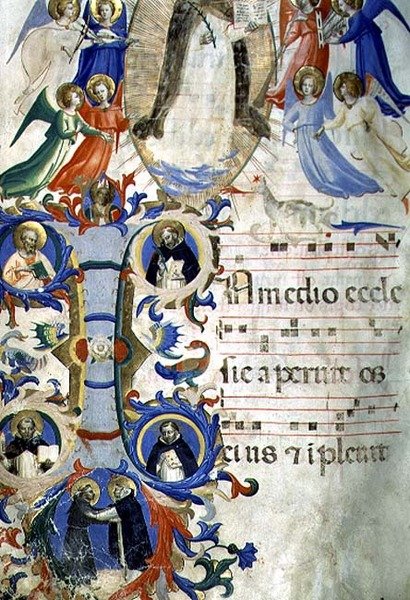Ms 558 f.67v St. Dominic omgitt av musikerengler over en historisk initial I som viser (med klokken) SS. Augustine, Ambrose, Peter Martyr, Gregory og Jerome, fra en Gradual, tidlig på 1430-tallet (vellu av Fra Angelico
