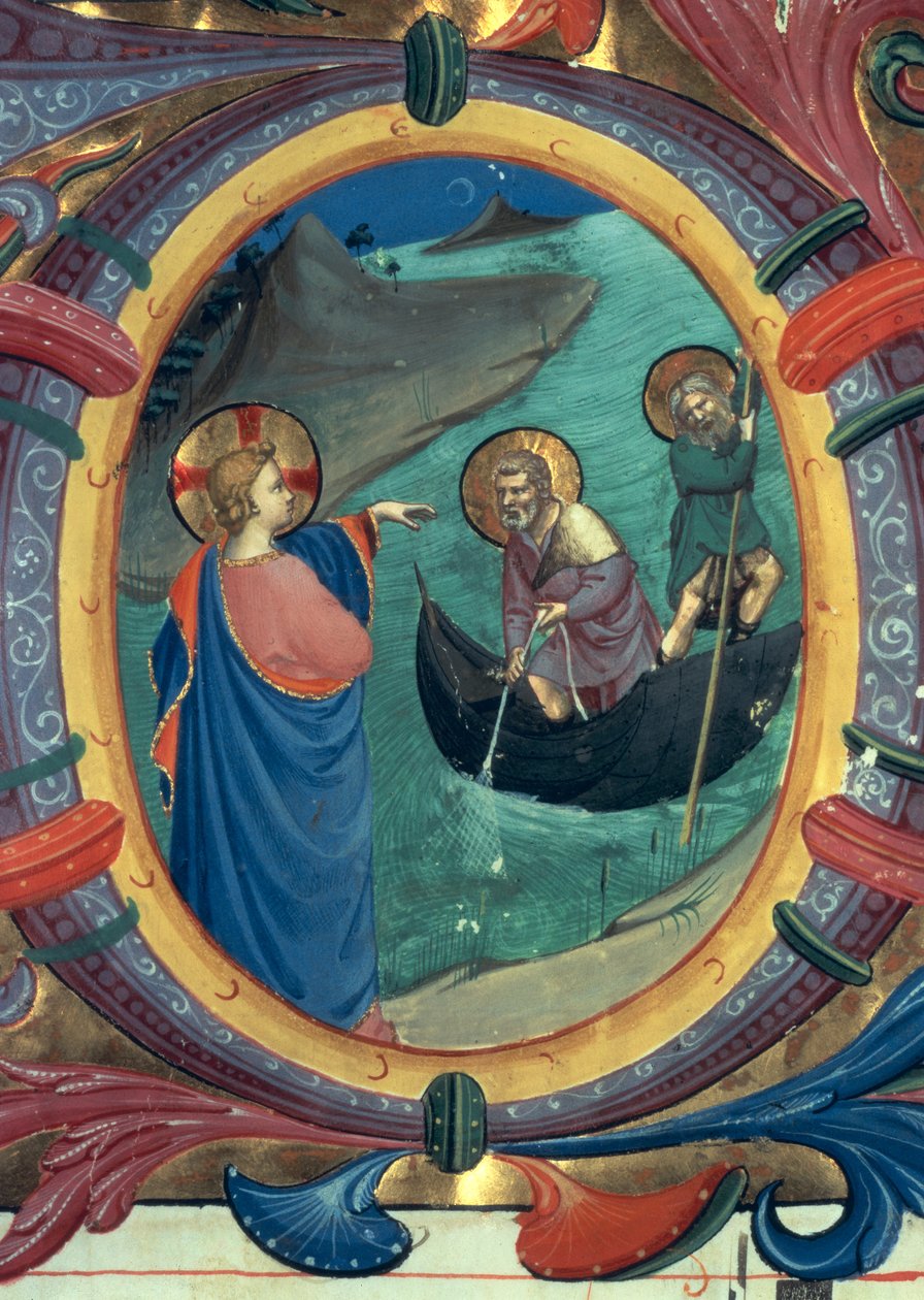 Ms 558 f.9r The Calling of St. Peter and St. Andrew, detalj av historikert initial O fra et Missal, tidlig 1430-talls vellumdetalj av 88928 av Fra Angelico