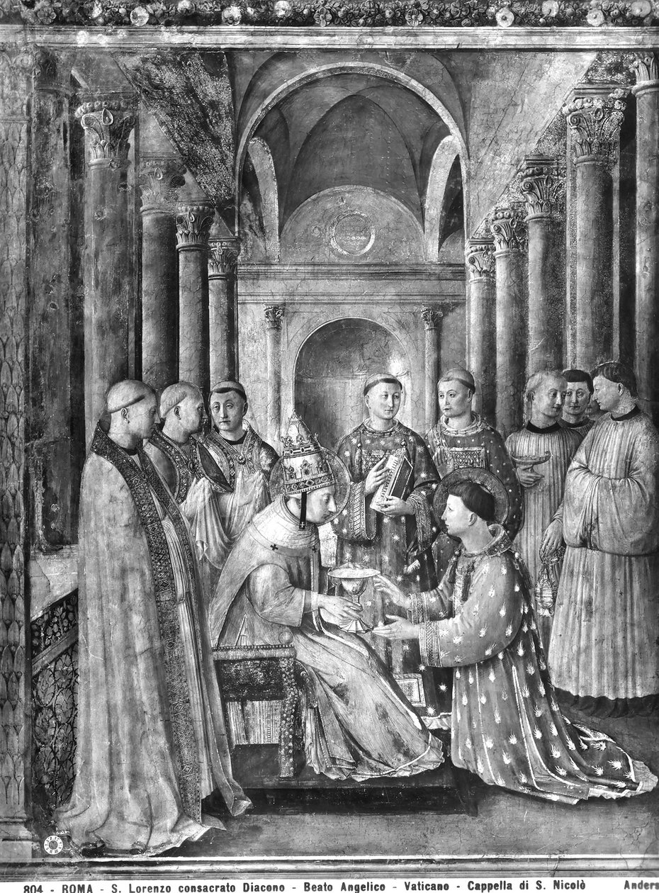 Pave Sixtus II (d.258) overdrar diakonatet til St. Lawrence (d.258) fra kapellet til Nicholas V. av Fra Angelico