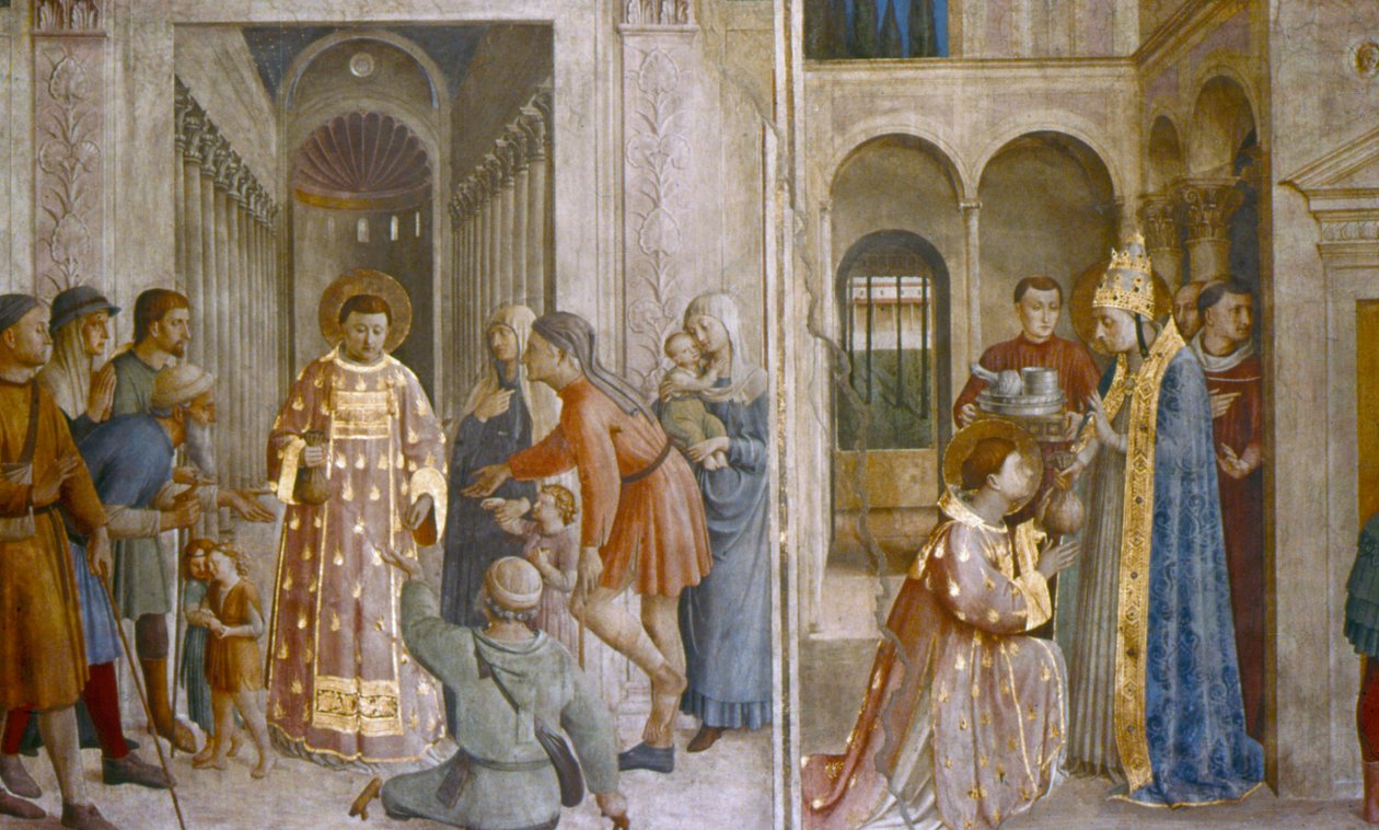 Pave Sixtus II gir kirkeskatten til St Laurence, midten av 1400-tallet. av Fra Angelico