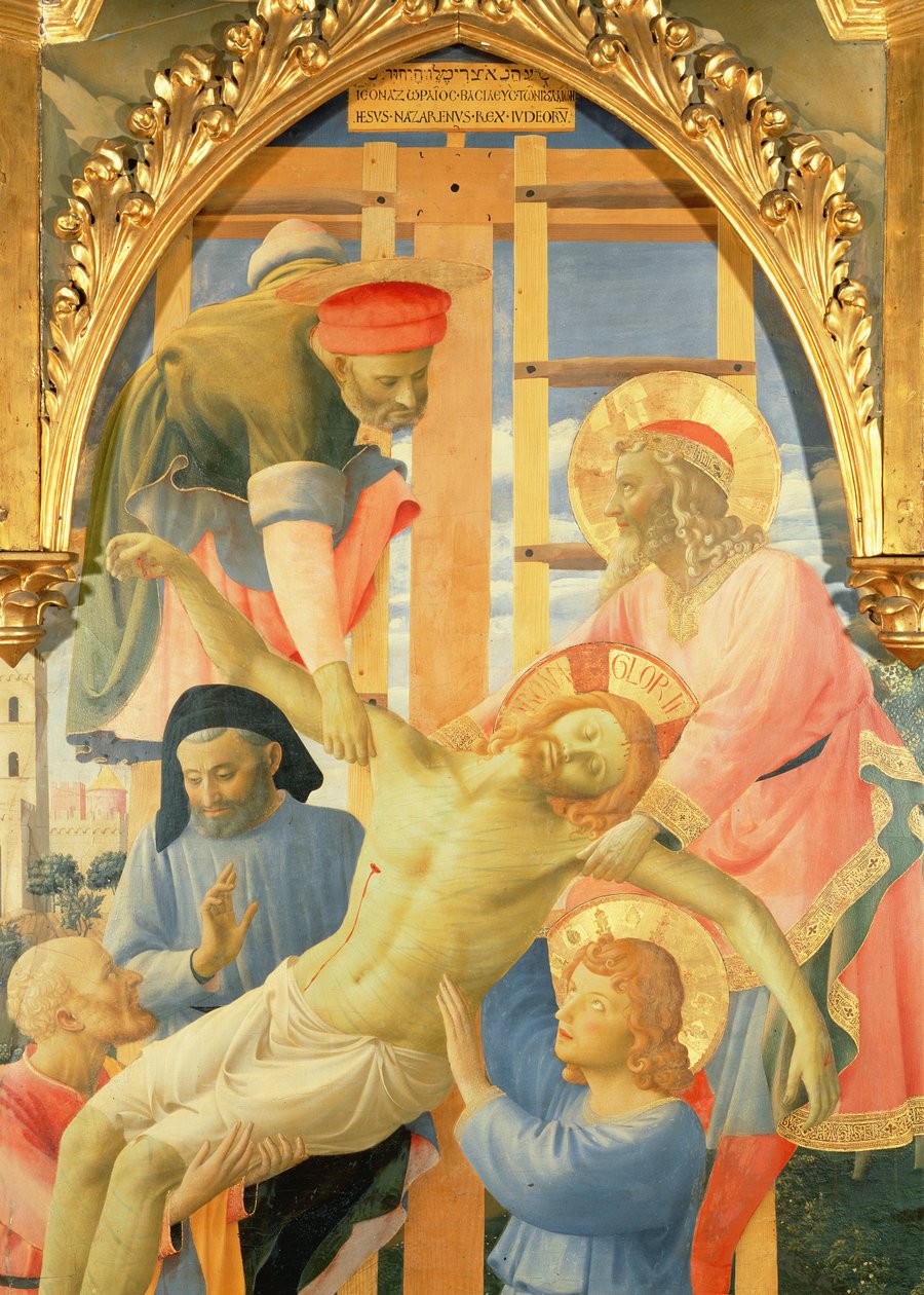 Santa Trinita altertavle, detalj av den døde Kristus som senkes ned fra korset, tempera ca. 1434 og gull på panel av Fra Angelico