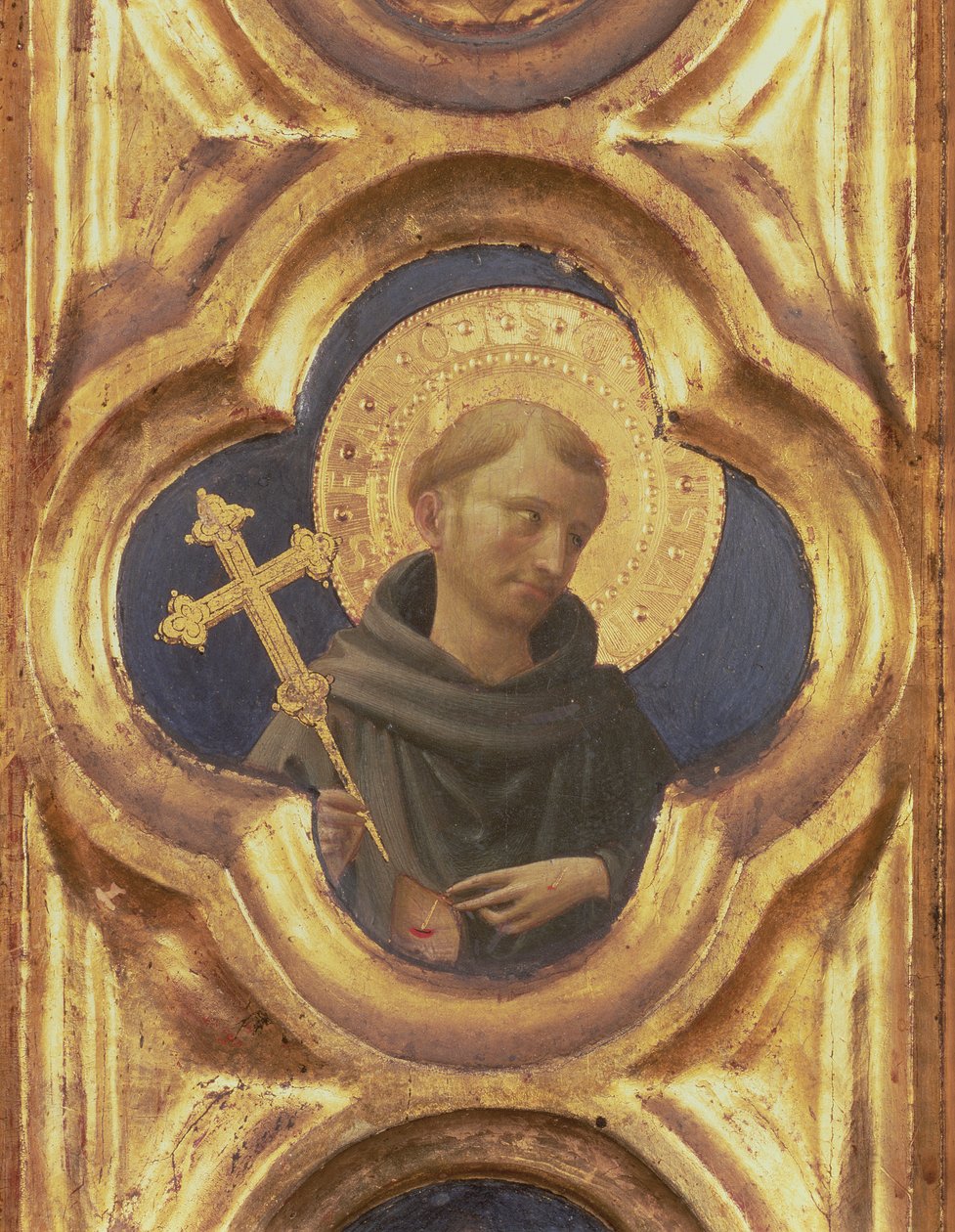 Santa Trinita altertavle, detalj av hodet til St. Francis, tempera ca. 1434 og gull på panel av Fra Angelico