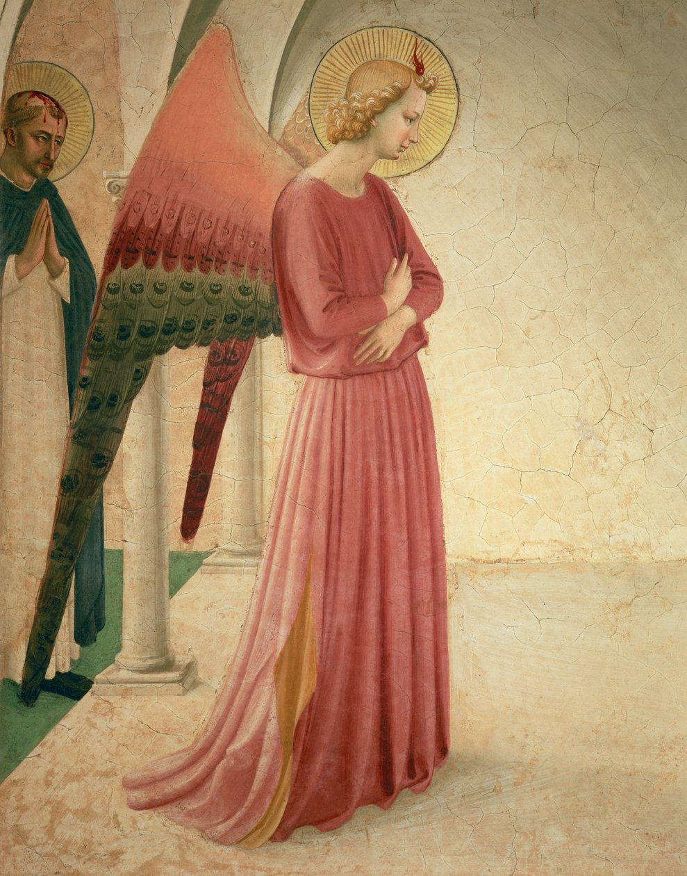 Bebudelsen, detalj om engelen Gabriel og St. Peter Martyren, freskomaleri fra 1442, se 72388 av Fra Angelico