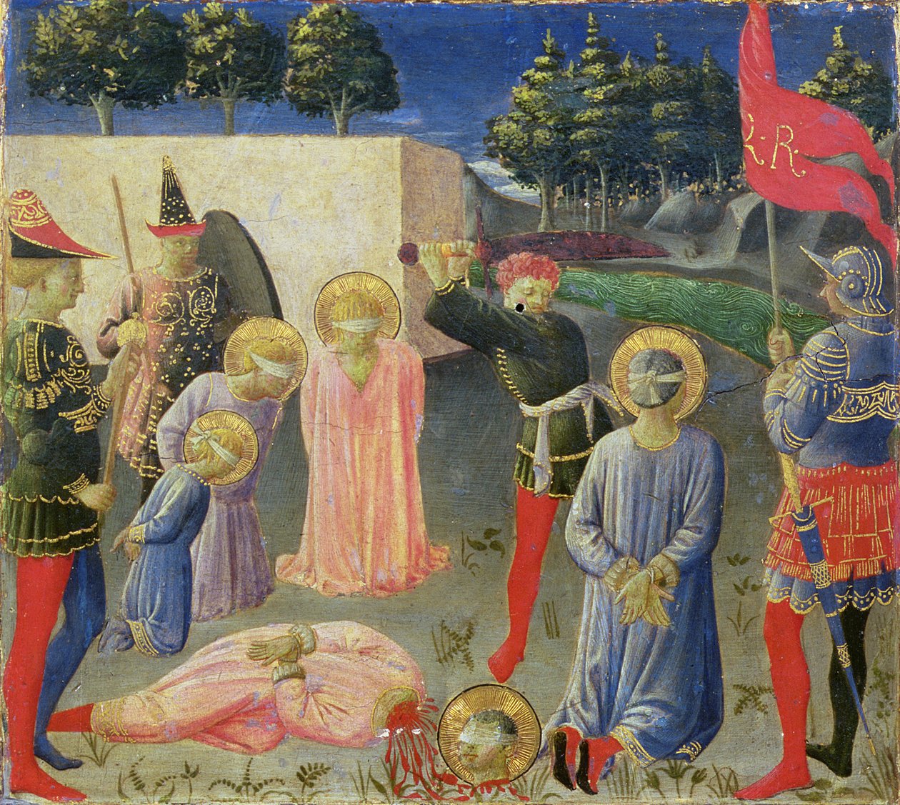 Halshuggingen av St. Cosmas og St. Damian, fra predellaen til Annalena-altertavlen, ca. 1434 (tempera på panel) av Fra Angelico