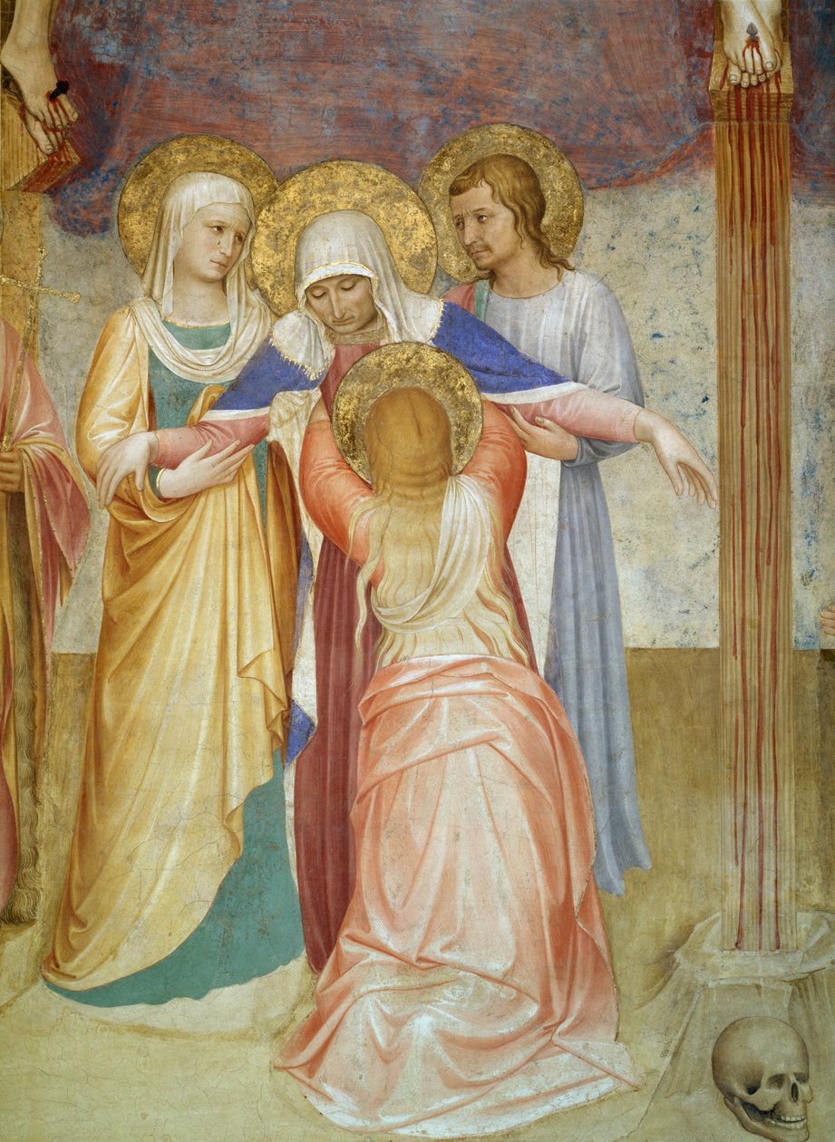 Korsfestelsen, detalj av jomfruen og ledsagere fra kapittelhuset, freskomaleri fra 1441-42 av Fra Angelico