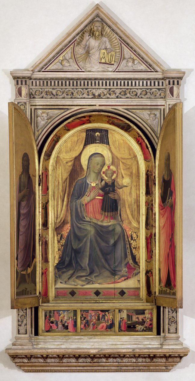 Linaiuoli Triptych (med åpne skodder): Jomfruen og barnet tronet med døperen Johannes og St. Markus, 1433 (tempera på panel) (for detaljer se 119416) av Fra Angelico