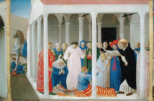 The Resurrection of Napoleon Orsini av St. Dominic, fra predellapanelet til Jomfruens kroning, ca. 1430-32 (tempera på panel) av Fra Angelico