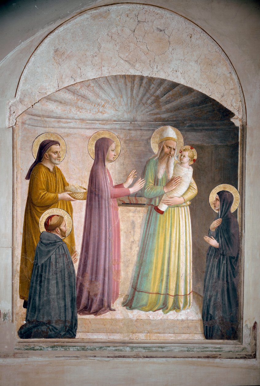 Presentasjonen av Kristus i templet. Saint Peter, martyr, og den dominikanske nonne Villana, observerer den bibelske scenen. Fresco av Guido di Pietro av Fra Angelico