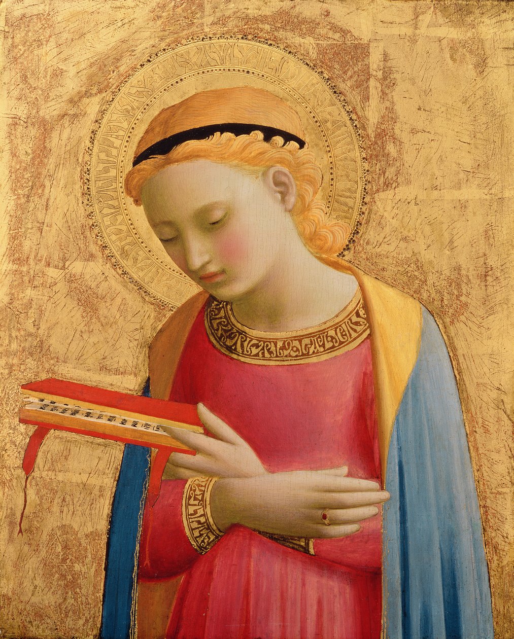 Virgin Annunciate, 1450-55 (bladgull og tempera på trepanel) (se også 139311) av Fra Angelico