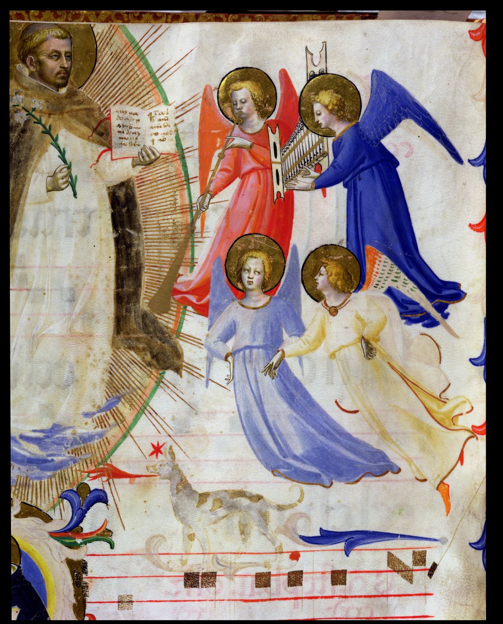 ds 558 f.67v St. Dominic med fire musikalske engler, fra en gradual fra San Marco e Cenacoli vellumdetalj av 88937 & 79797 av Fra Angelico