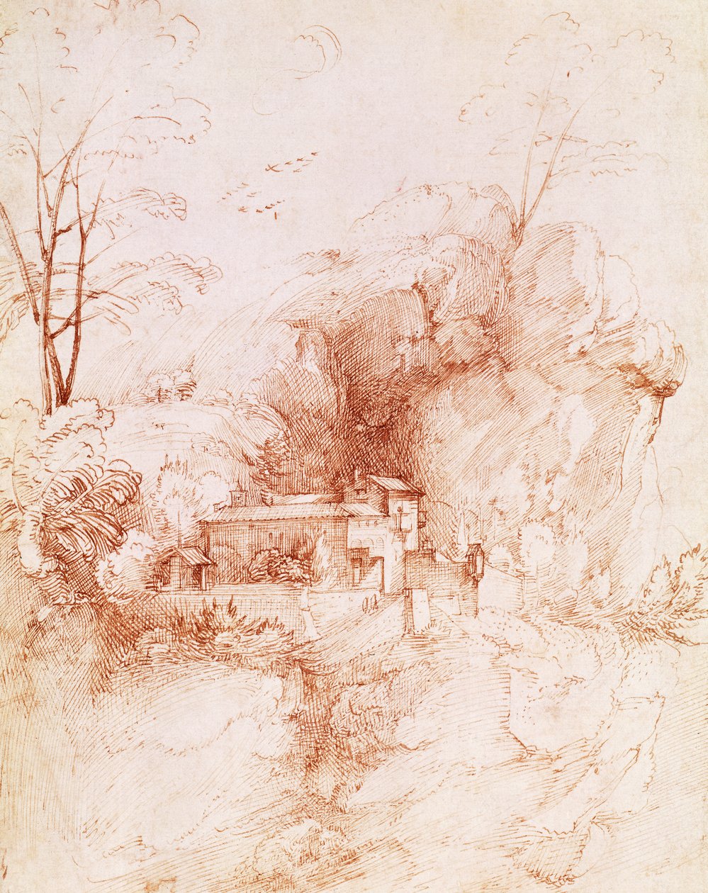 Steinete landskap med kloster, tegning av Fra Bartolomeo (1472-1517). av Fra Bartolomeo