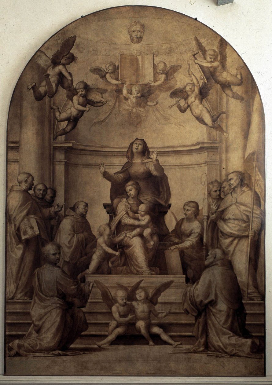 Pala del Gran Consiglio som representerer Saint Anne, Jomfruen og barna Jesus og Saint John the Baptist omgitt av hellige. av Fra Bartolommeo