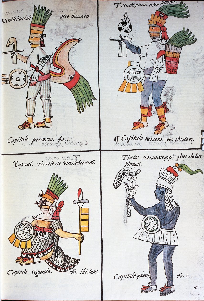 Gudene til gamle meksikanere, Huitzilopochtli, Tezcatlipoca, Tlaloc og Paynal, tekst på spansk, fra faksimile av manuskript General History of Things of New Spain, også kjent som Florentine Codex, av Bernardino de Sahagun av Fra Bernadino da Sahagun