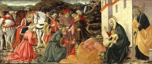 The Adoration of the Magi, et predella-panel (tempera på panel) av Fra Diamante