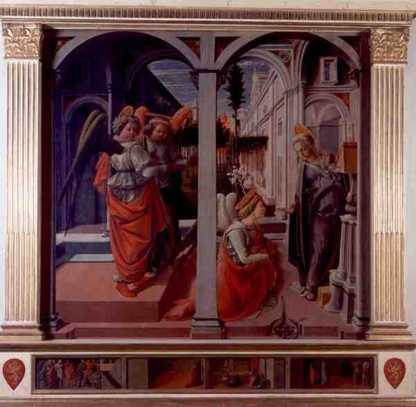 Annunciation, c.1445 (olje på panel) (se også 80047) (for detaljer se 99684 og 99686) av Fra Filippo Lippi