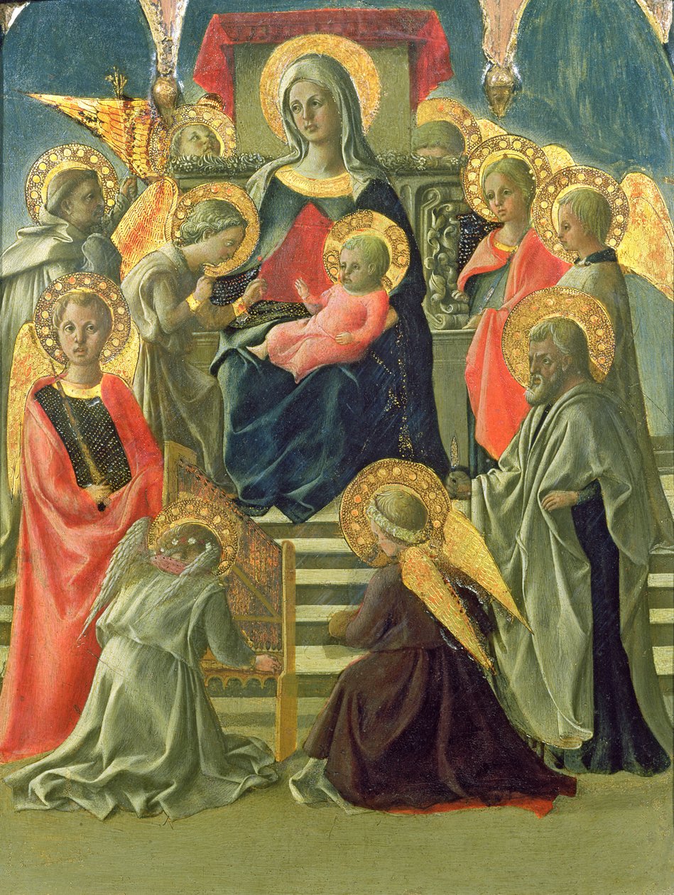 Madonna og barn tronet med engler og hellige (tempera på panel) (se også 63779) av Fra Filippo Lippi