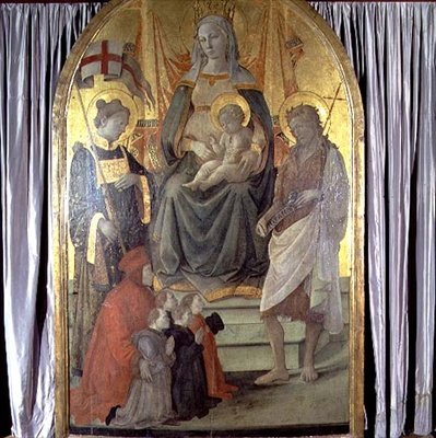 Madonna og barn tronet med SS. Stephen, døperen Johannes, Francesco Datini (ca. 1335-1410) og Ceppo-familien av Fra Filippo Lippi