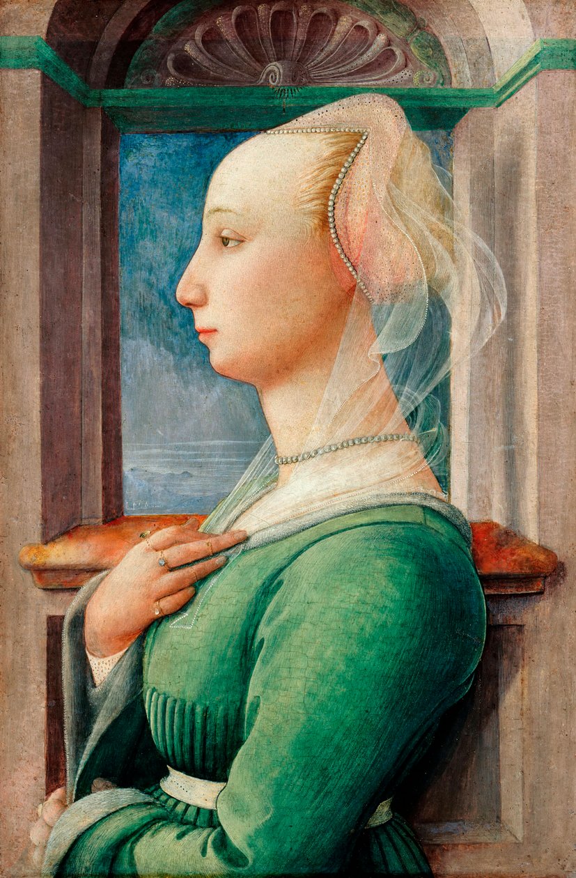 "Profile Portrait of a Young Woman" Maleri på tre av Filippo Lippi (1406-1469), ca 1445 - Olje på tre, 49,5x32,7 - Staatliche Museen, Berlin av Fra Filippo Lippi