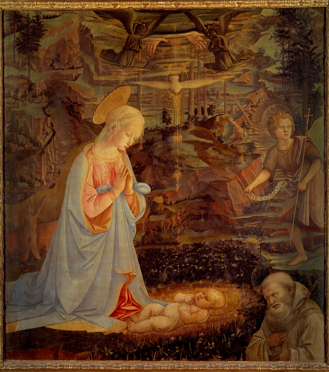 Jomfruen, Jesusbarnet, Døperen Johannes og Sankt Bernard av Clairvaux (San Bernardo di Chiaravalle) (1090 - 1153) Sistnevnte var grunnleggeren av Cistersians Orden og den første beskytter av Tempelherreordenen. Detrempe på w av Fra Filippo Lippi