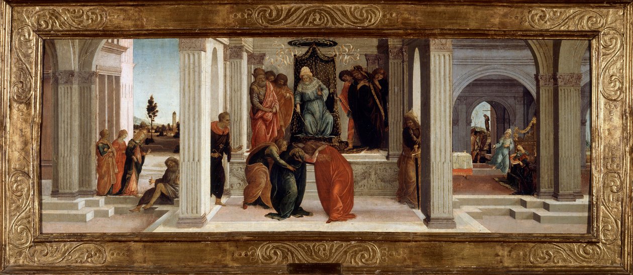 Tre scener fra Esthers historie: Mardochee (eller Mordekhai eller Mordecai) klager, Esters besvimelse, Aman (Haman) ber om hans nåde. Maleri på tre av filippinske Lippi (1457-1504) Søn. 0,48x1,32 m av Fra Filippo Lippi