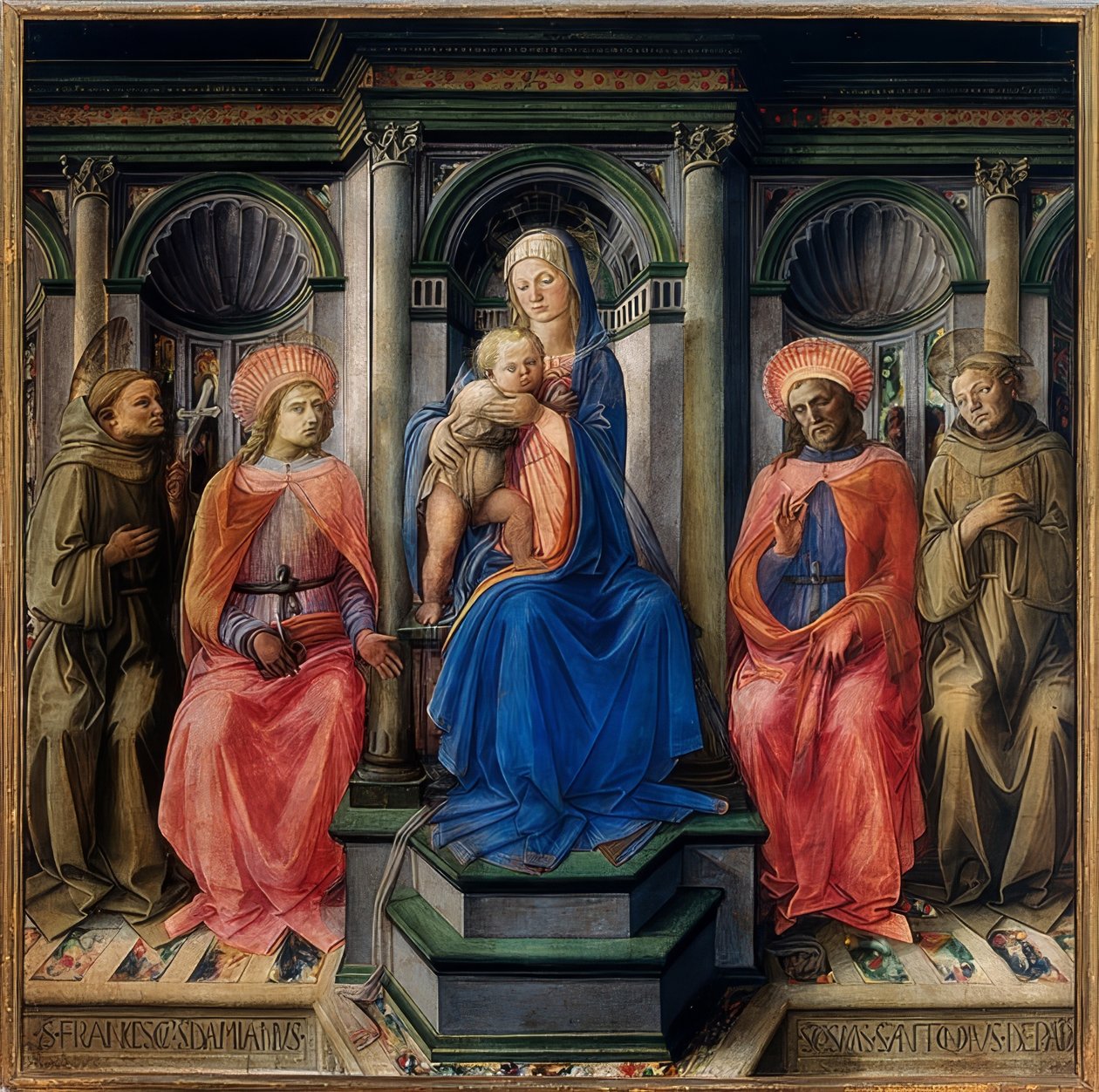 Maria tronet med barnet og helgenene Frans av Assisi, Damian, Kosmas og Antonius av Padua. 1442 av Fra Filippo Lippi