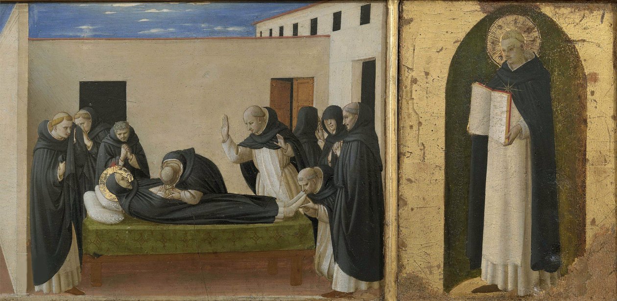 Død av Saint Dominic og Saint Thomas Aquinas. Cortona Polyptych detalj av predella, c1437. av Fra Giovanni Angelico da Fiesole