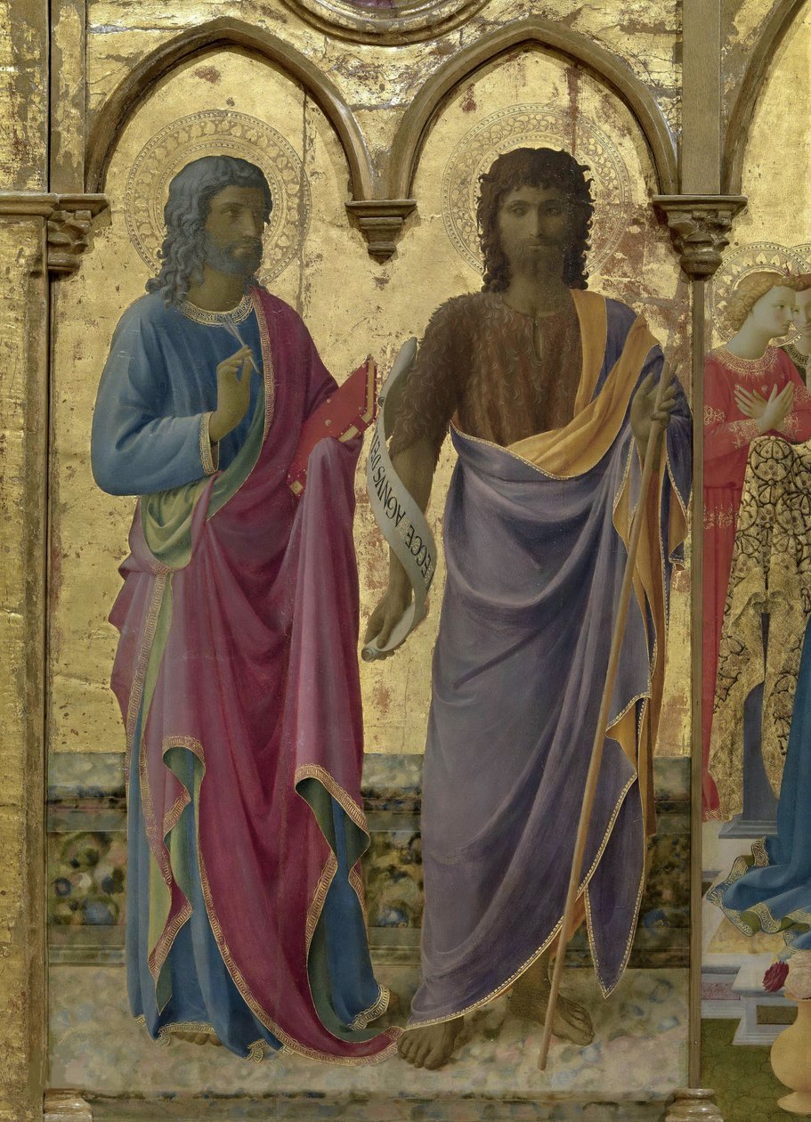 De hellige døperen Johannes og evangelisten Johannes. Cortona Polyptych, ca 1437. av Fra Giovanni Angelico da Fiesole