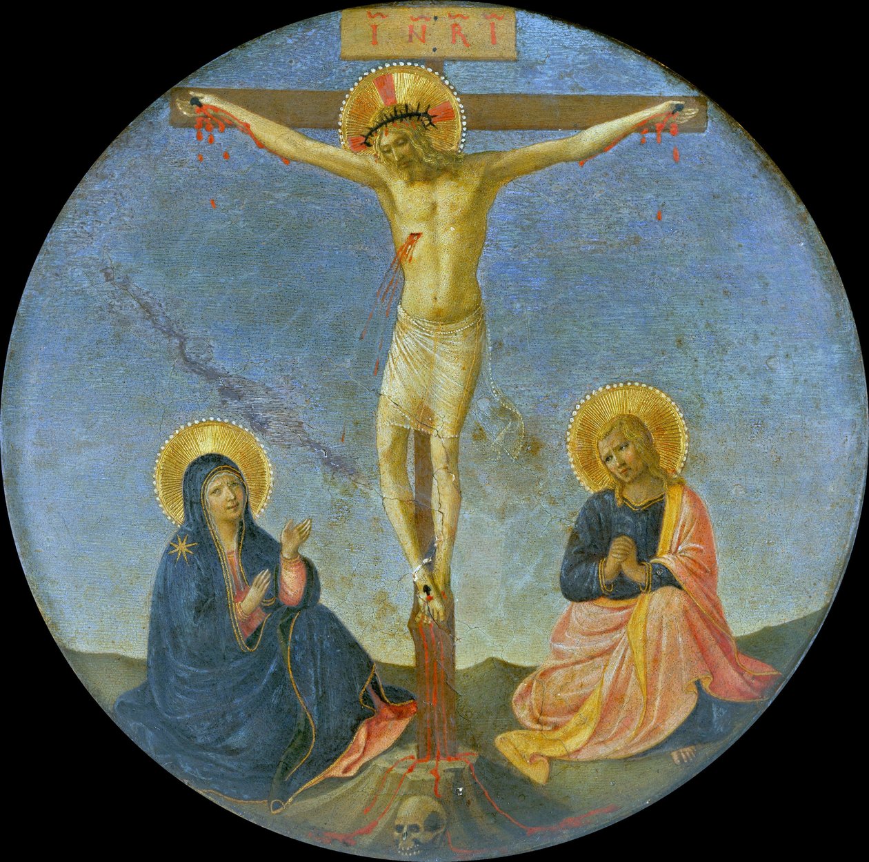Korsfestelsen med Maria og Johannes evangelisten Tondo, ca. 1440. av Fra Giovanni Angelico da Fiesole