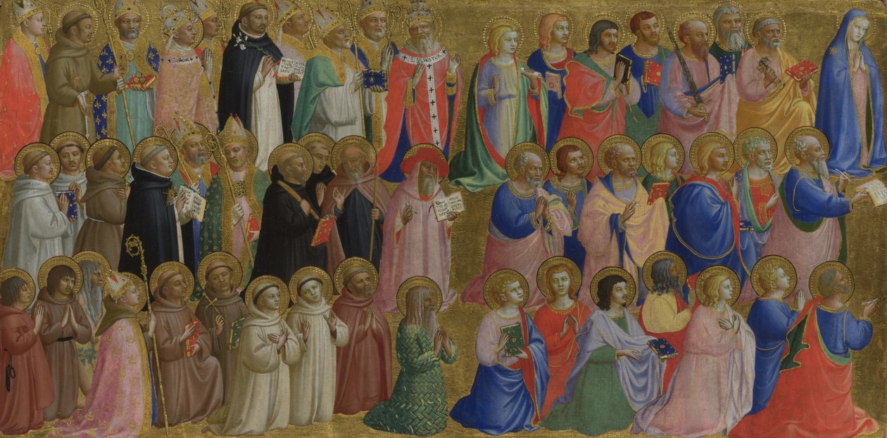 Jomfru Maria med apostlene og andre hellige panel fra Fiesole San Domenico altertavle, ca. 1423-1424 av Fra Giovanni Angelico da Fiesole
